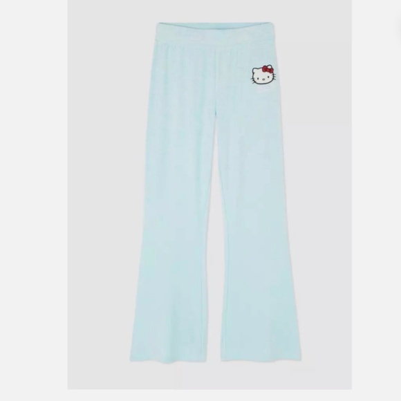 NWT Primark Hello Kitty Blue velour Pj Lounge Flared Pants Size Medium 8/10 - Picture 1 of 7